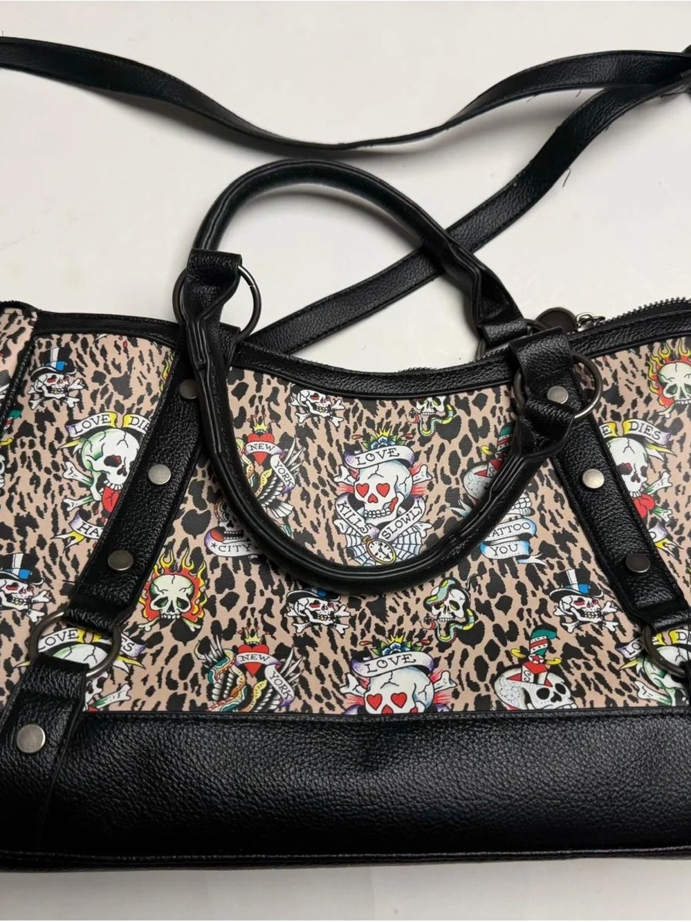 Ed Hardy Black & Leopard Skull-Print Shoulder Bag
